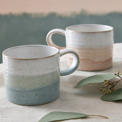 Kiln Green And Coral Small Ridged Mugs - Set Of 2