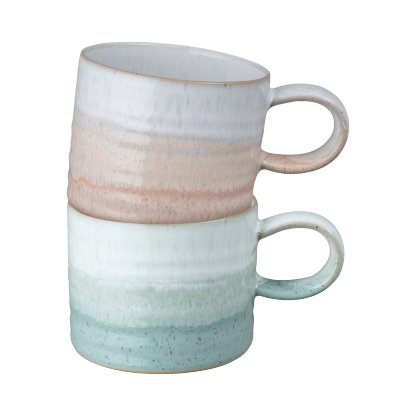 Kiln Green And Coral Small Ridged Mugs - Set Of 2