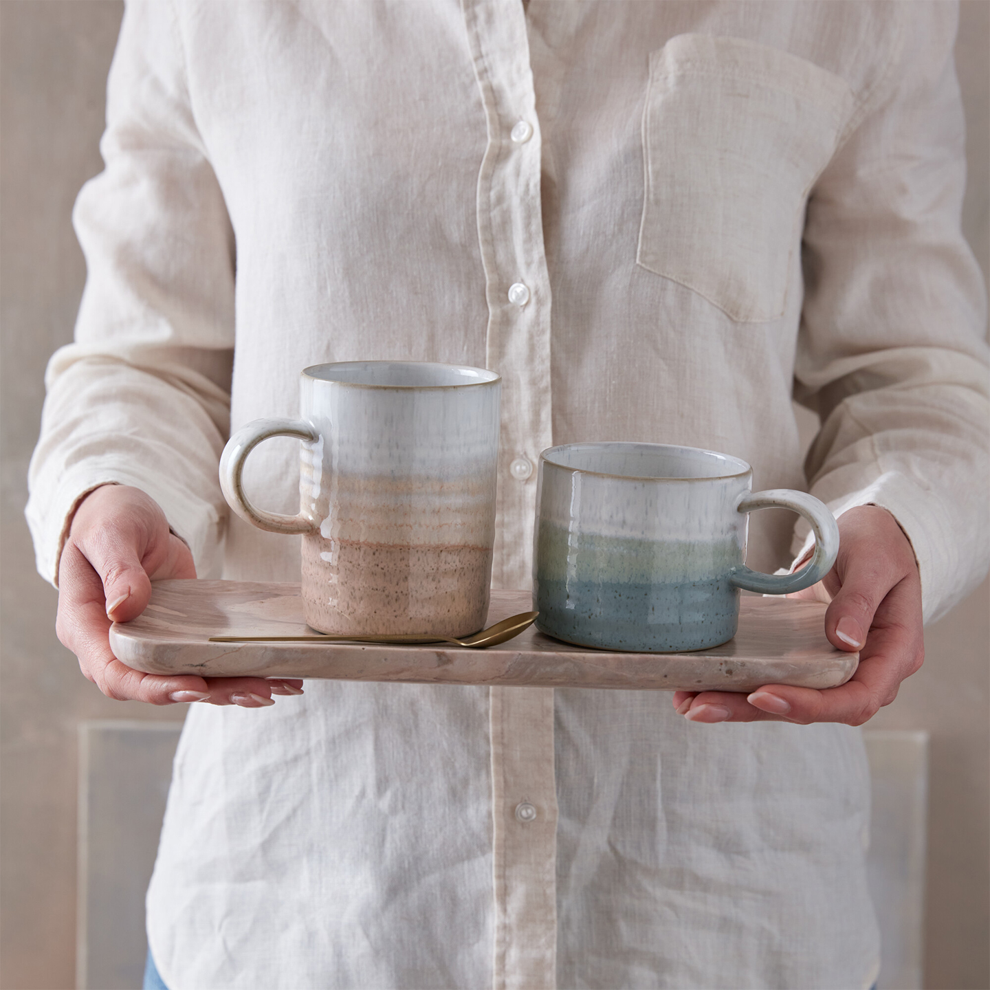 Kiln Green And Coral Small Ridged Mugs - Set Of 2