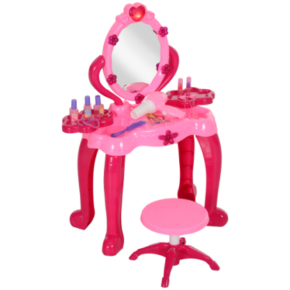 Kids Vanity Set with Mirror and Stool, Girls Makeup Table with Light and Sound, 15 Accessories, Pretend Play Set with Hair Dryer for 3-6 Years