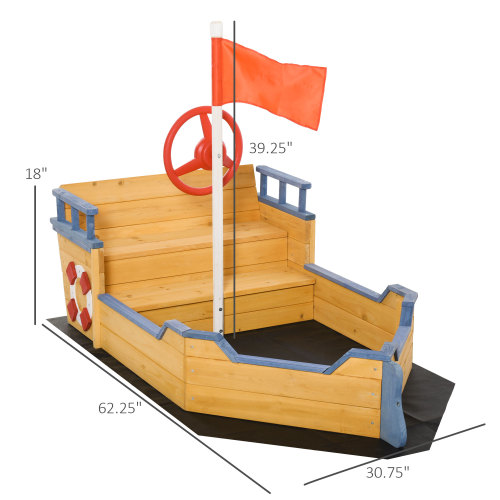 Wooden Kids Pirate Sandbox, Outdoor Sandboat with Bench Seats, Storage, Non-Woven Fabric Cloth for Backyard