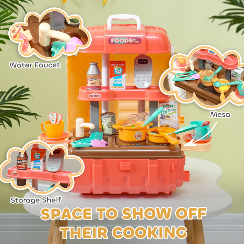 3 in 1 Kids Kitchen Playset, Foldable Play Kitchen Set Converted into Travel Luggage, 36Pcs Play Kitchen Accessories