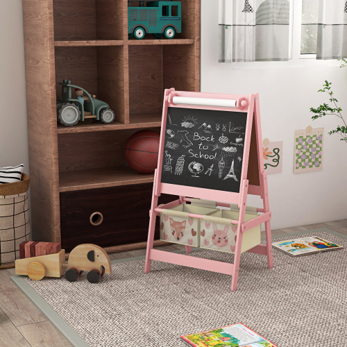 Art Easel for Kids with Paper Roll, 3 in 1 Toddler Painting Easel with Blackboard, Whiteboard, Storage Baskets