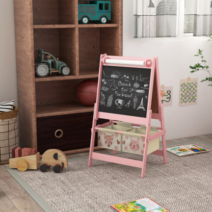 Art Easel for Kids with Paper Roll, 3 in 1 Toddler Painting Easel with Blackboard, Whiteboard, Storage Baskets
