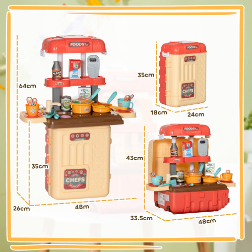 3 in 1 Kids Kitchen Playset, Foldable Play Kitchen Set Converted into Travel Luggage, 36Pcs Play Kitchen Accessories
