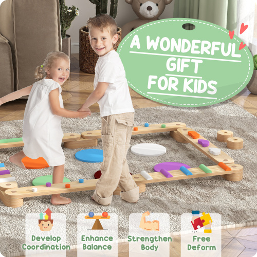 Kids Balance Beam, Wooden Balance Board with Stepping Stones, Gymnastics Obstacle Course for Toddlers 3-8 Years