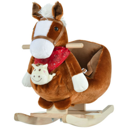 Bear-Shaped Plush Toddler Ride on Horse with Sound, Wooden Base & Safety Belt for 18-36 Months