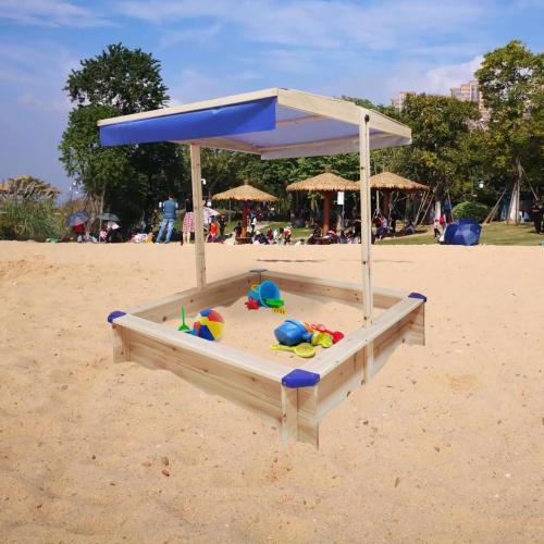 Children's Wooden Sandbox with Adjustable Canopy, Sandpit with Covers Kids Wood Playset Outdoor Backyard