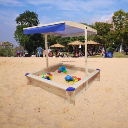 Children's Wooden Sandbox with Adjustable Canopy, Sandpit with Covers Kids Wood Playset Outdoor Backyard