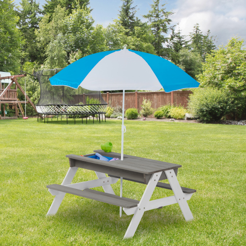 3-in-1 Kids Outdoor Wooden Picnic Table With Umbrella, Convertible San