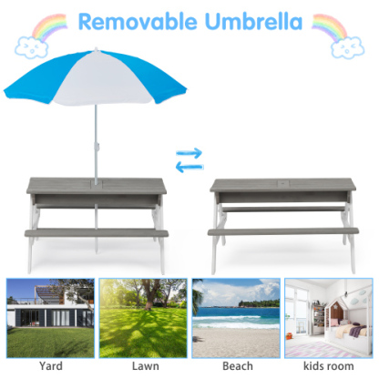 3-in-1 Kids Outdoor Wooden Picnic Table With Umbrella, Convertible Sand & Wate