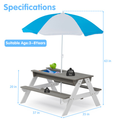 3-in-1 Kids Outdoor Wooden Picnic Table With Umbrella, Convertible Sand & Wate