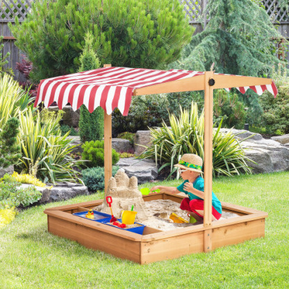 Wooden Kids Sandbox with Cover, Children Outdoor Sand Box with Foldable Bench Seats, Adjustable Canopy