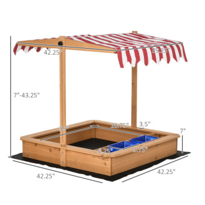 Wooden Kids Sandbox with Cover, Children Outdoor Sand Box with Foldable Bench Seats, Adjustable Canopy