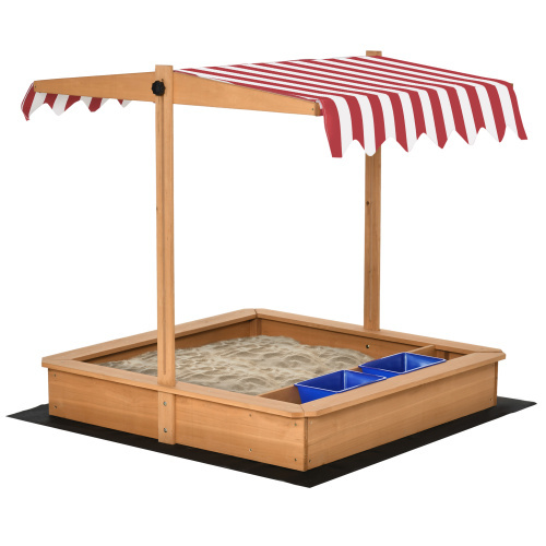 Wooden Kids Sandbox with Cover, Children Outdoor Sand Box with Foldable Bench Seats, Adjustable Canopy