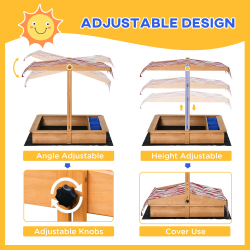 Wooden Kids Sandbox with Cover, Children Outdoor Sand Box with Foldable Bench Seats, Adjustable Canopy