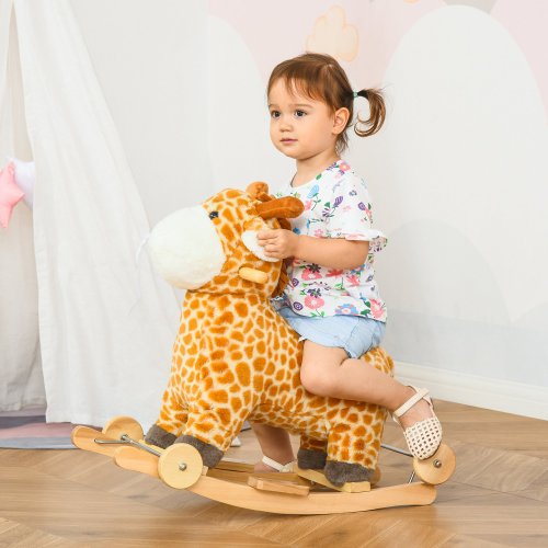 2-in-1 Kids Plush Ride-On Rocking Horse Toy, Giraffe-shaped Plush Rocker with Realistic Sounds for Children 3 to 6 Years
