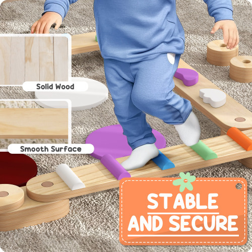 Kids Balance Beam, Wooden Balance Board with Stepping Stones, Gymnastics Obstacle Course for Toddlers 3-8 Years
