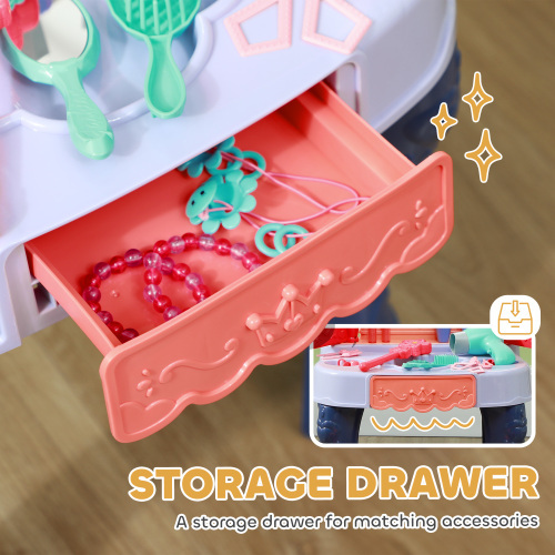 Kids Vanity Set with Mirror and Stool, Toddler Makeup Table with Music, Light, Drawer, Hair Dryer, 20 Makeup Accessories