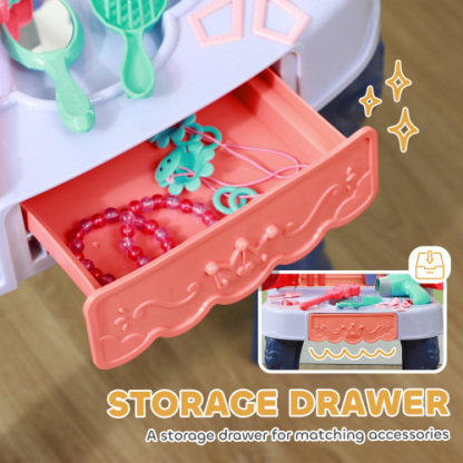 Kids Vanity Set with Mirror and Stool, Toddler Makeup Table with Music, Light, Drawer, Hair Dryer, 20 Makeup Accessories