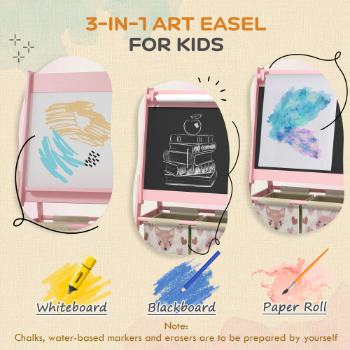 Art Easel for Kids with Paper Roll, 3 in 1 Toddler Painting Easel with Blackboard, Whiteboard, Storage Baskets