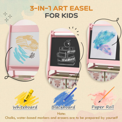 Art Easel for Kids with Paper Roll, 3 in 1 Toddler Painting Easel with Blackboard, Whiteboard, Storage Baskets