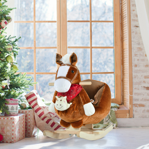Bear-Shaped Plush Toddler Ride on Horse with Sound, Wooden Base & Safety Belt for 18-36 Months