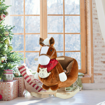 Bear-Shaped Plush Toddler Ride on Horse with Sound, Wooden Base & Safety Belt for 18-36 Months