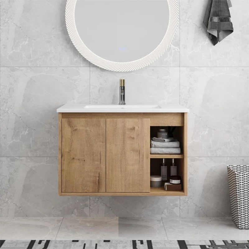 30'' Wall Mounted Single Bathroom Vanity with Ceramic Basin Sink Top, Floating Vanity with 2 Doors and 1 Shelf