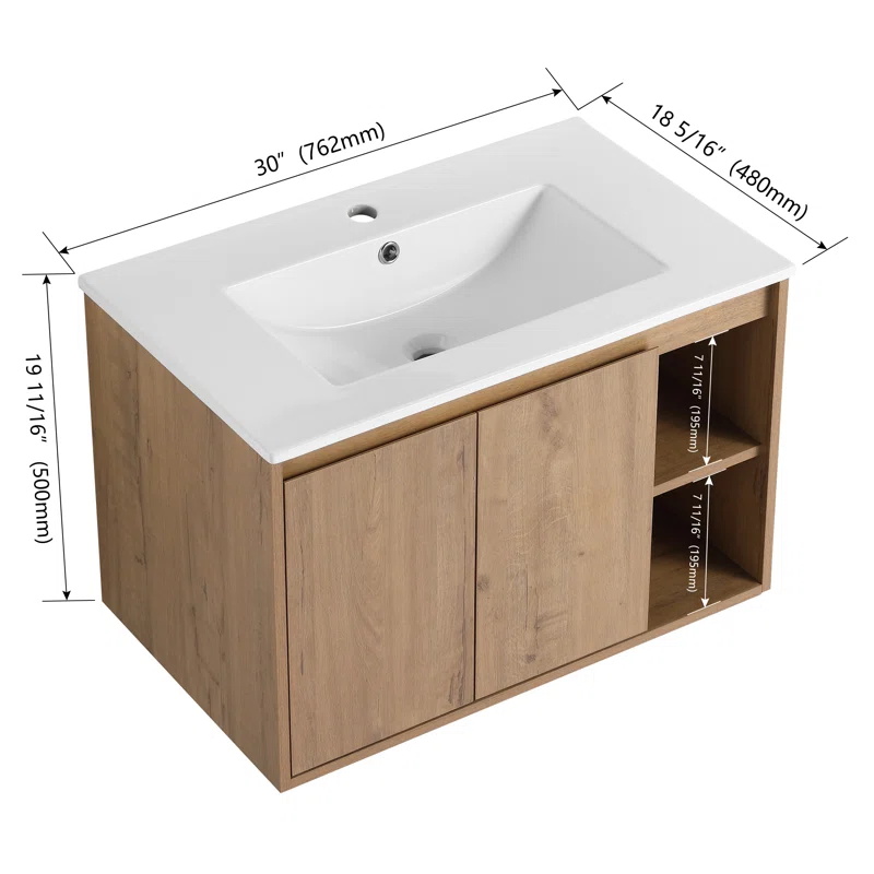 30'' Wall Mounted Single Bathroom Vanity with Ceramic Basin Sink Top, Floating Vanity with 2 Doors and 1 Shelf