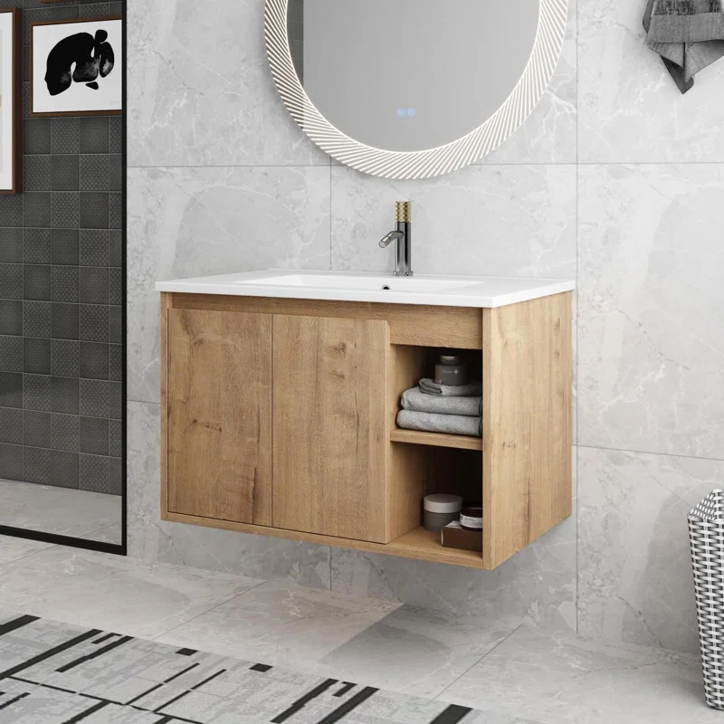 30'' Wall Mounted Single Bathroom Vanity with Ceramic Basin Sink Top, Floating Vanity with 2 Doors and 1 Shelf