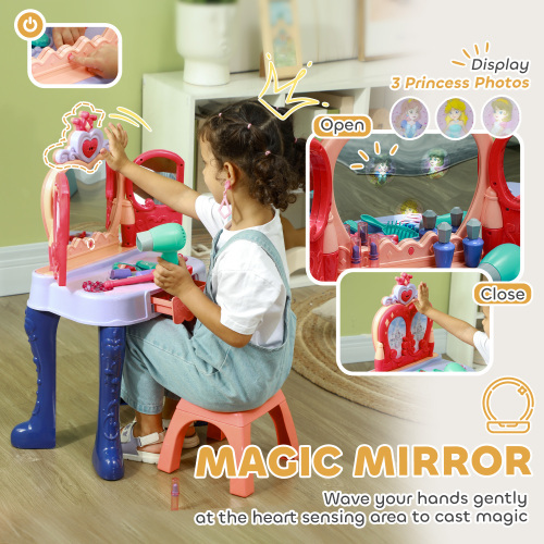 Kids Vanity Set with Mirror and Stool, Toddler Makeup Table with Music, Light, Drawer, Hair Dryer, 20 Makeup Accessories