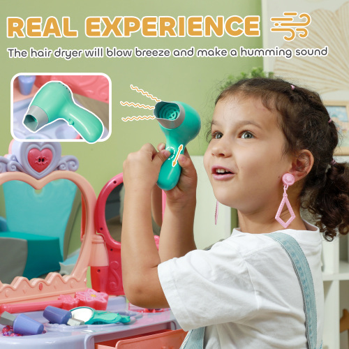 Kids Vanity Set with Mirror and Stool, Toddler Makeup Table with Music, Light, Drawer, Hair Dryer, 20 Makeup Accessories