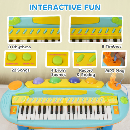 Kids Piano Toy Keyboard, 37 Key Piano for Toddlers, Electronic Music Educational Instrument with Microphone, Stool