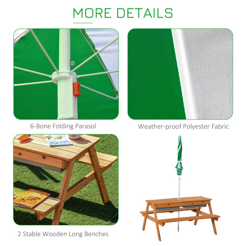 Kids Picnic Table with Umbrella and Storage Inside, Sand and Water Table, Kids Outdoor Furniture