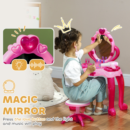 Kids Vanity Set with Mirror and Stool, Girls Makeup Table with Light and Sound, 15 Accessories, Pretend Play Set with Hair Dryer for 3-6 Years