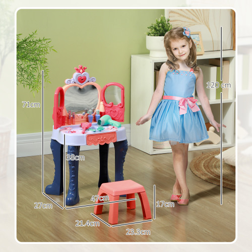 Kids Vanity Set with Mirror and Stool, Toddler Makeup Table with Music, Light, Drawer, Hair Dryer, 20 Makeup Accessories
