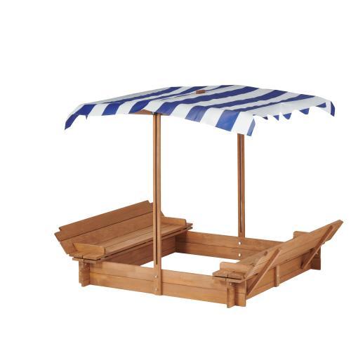 Wooden Kids Sandbox with Cover, Children Outdoor Sand Box with Foldable Bench Seats, Adjustable Canopy