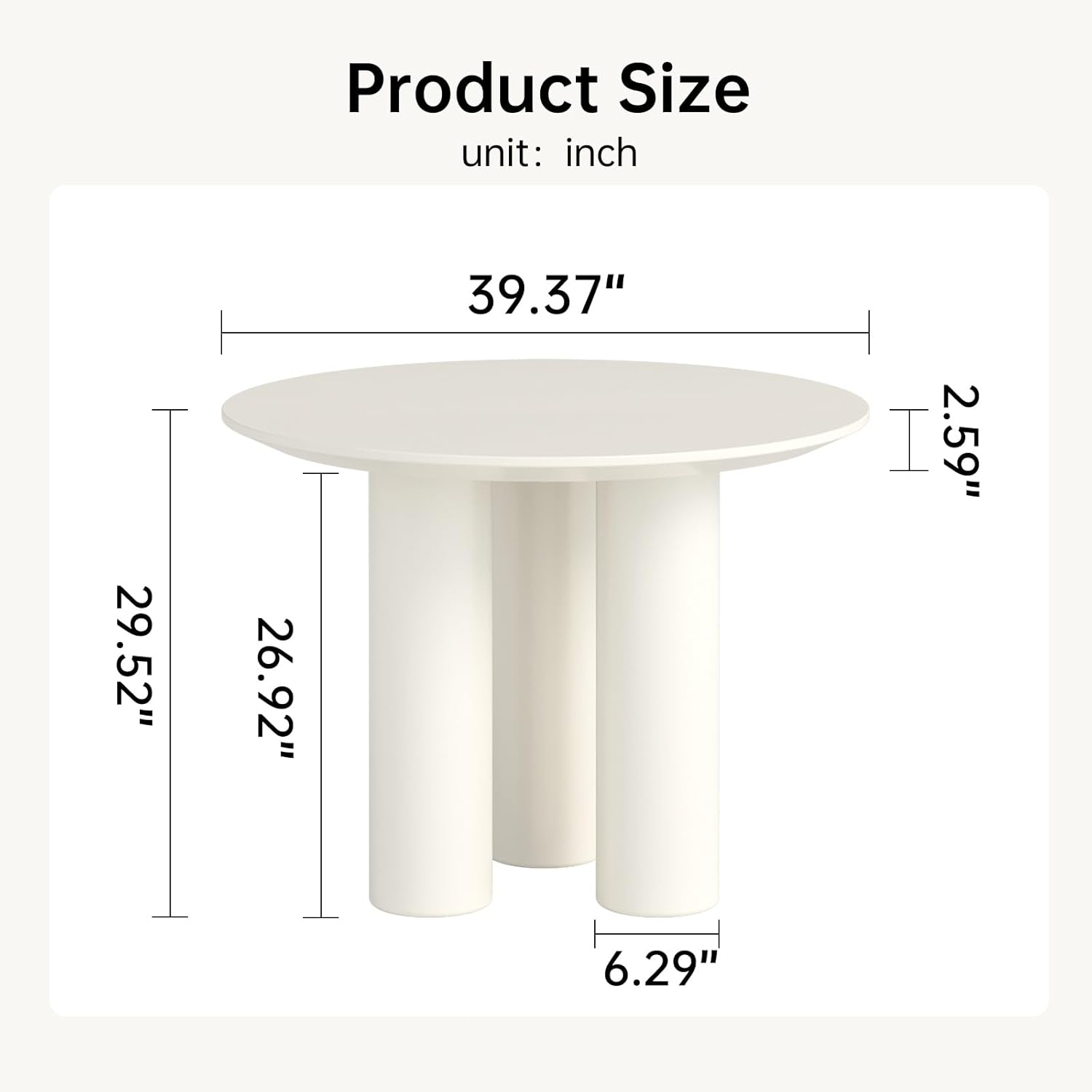 30" Kitchen Dining Table with 3 Powerful Support Legs, Modern Dining Room Table with Cream Smooth Surface and Round Edge