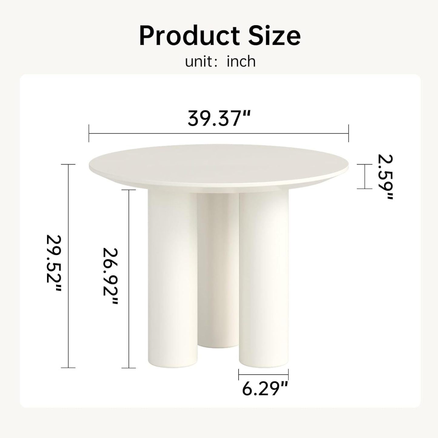 30" Kitchen Dining Table with 3 Powerful Support Legs, Modern Dining Room Table with Cream Smooth Surface and Round Edge