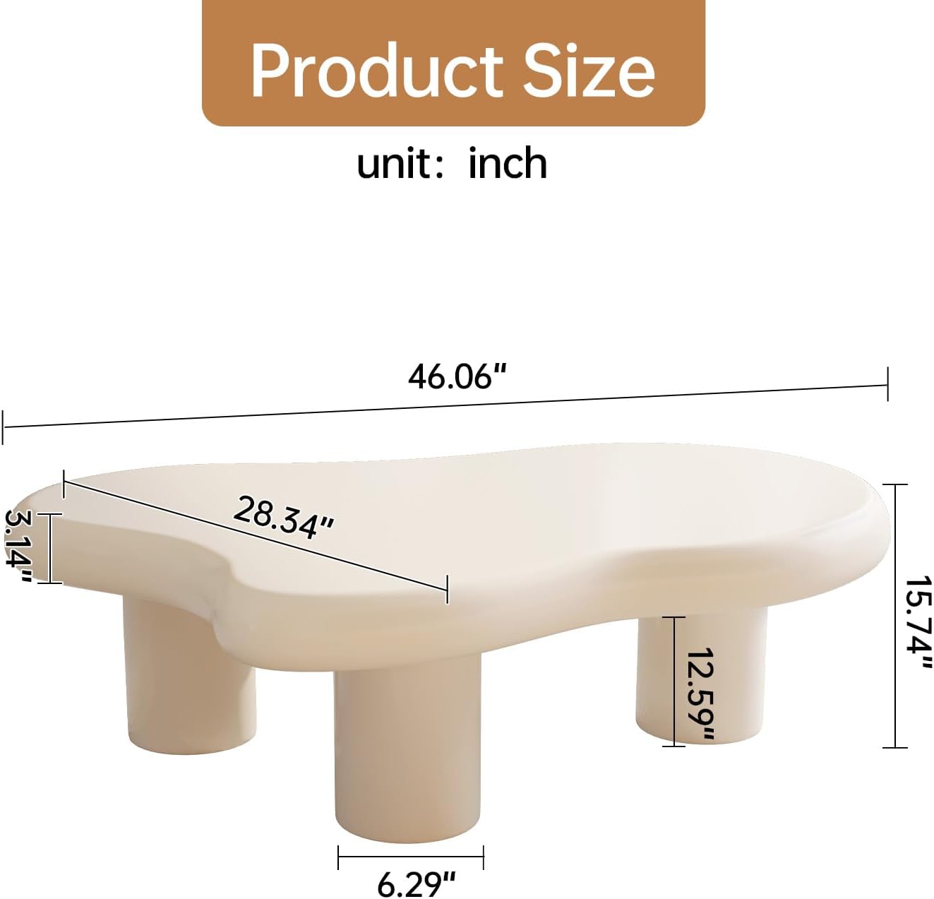 46.06" Cloud Shape Coffee Table, Modern Round Edge White Coffee Table with 3 Sturdy Support Legs and 3.14" Thick Tabletop for Living Room