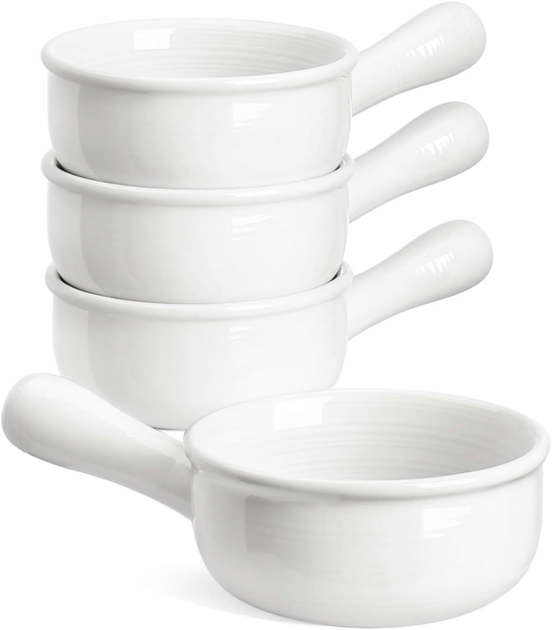 French Onion Soup Bowls With Handles, 15 Ounce for Soup, chili, beef stew, Set of 4, White