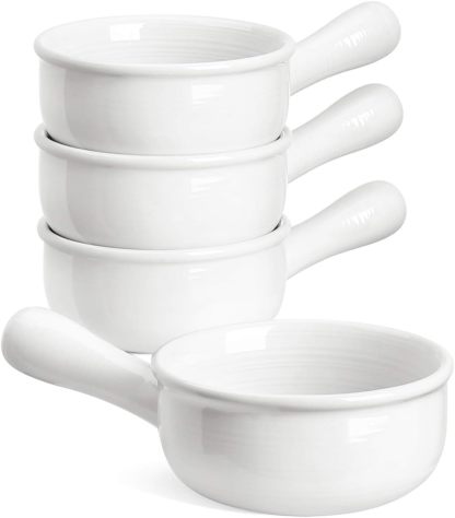 French Onion Soup Bowls With Handles, 15 Ounce for Soup, chili, beef stew, Set of 4, White