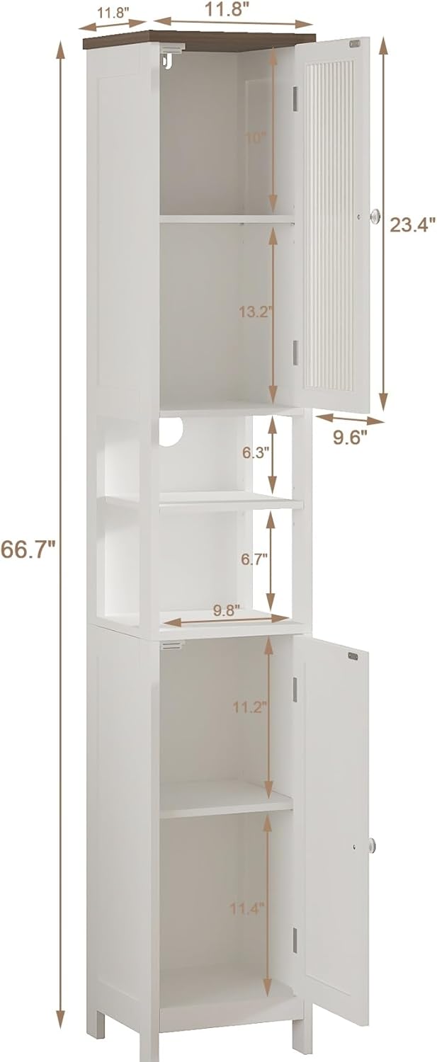 Tall Bathroom Storage Cabinet with Light，5-Tier Narrow Bathroom Cabinet with 2 Doors