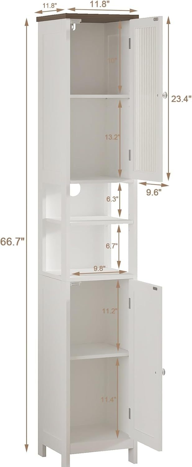 Tall Bathroom Storage Cabinet with Light，5-Tier Narrow Bathroom Cabinet with 2 Doors