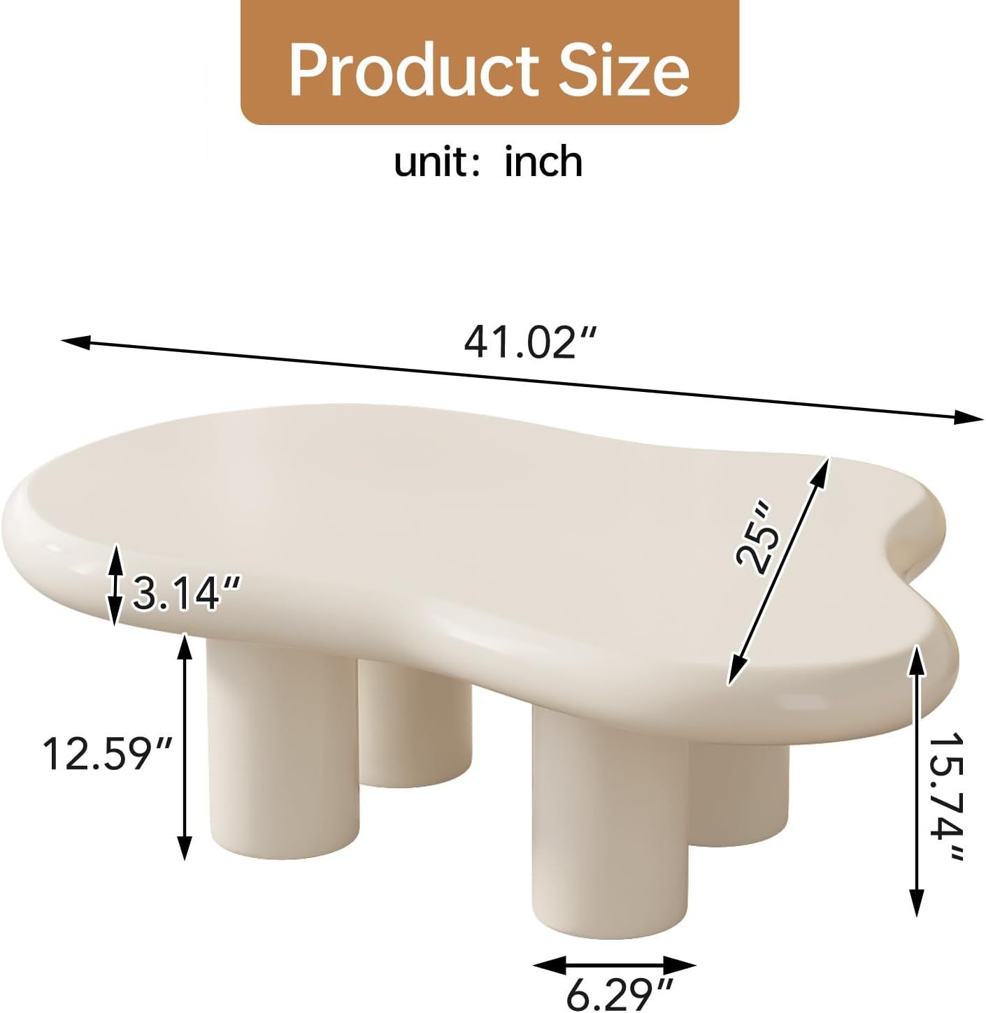 41.02" White Cloud Coffee Table, Modern Round Edge Coffee Table with 4 Sturdy Support Legs and 2.67" Thick Tabletop,Easy Match for Living Room
