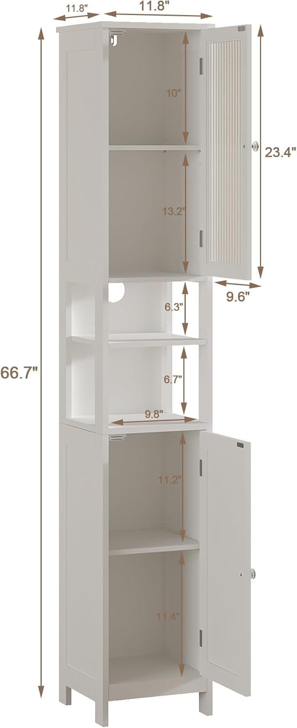 Tall Bathroom Storage Cabinet with Light, 5-Tier Narrow Bathroom Cabinet with 2 Doors