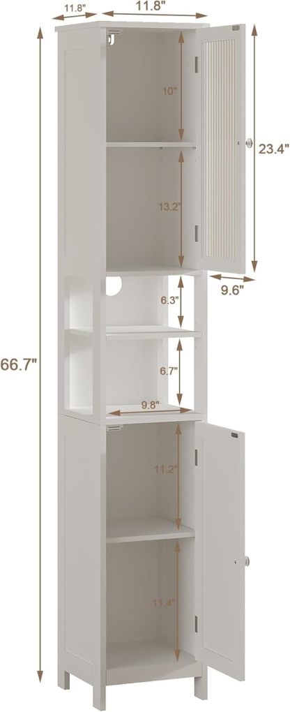 Tall Bathroom Storage Cabinet with Light, 5-Tier Narrow Bathroom Cabinet with 2 Doors