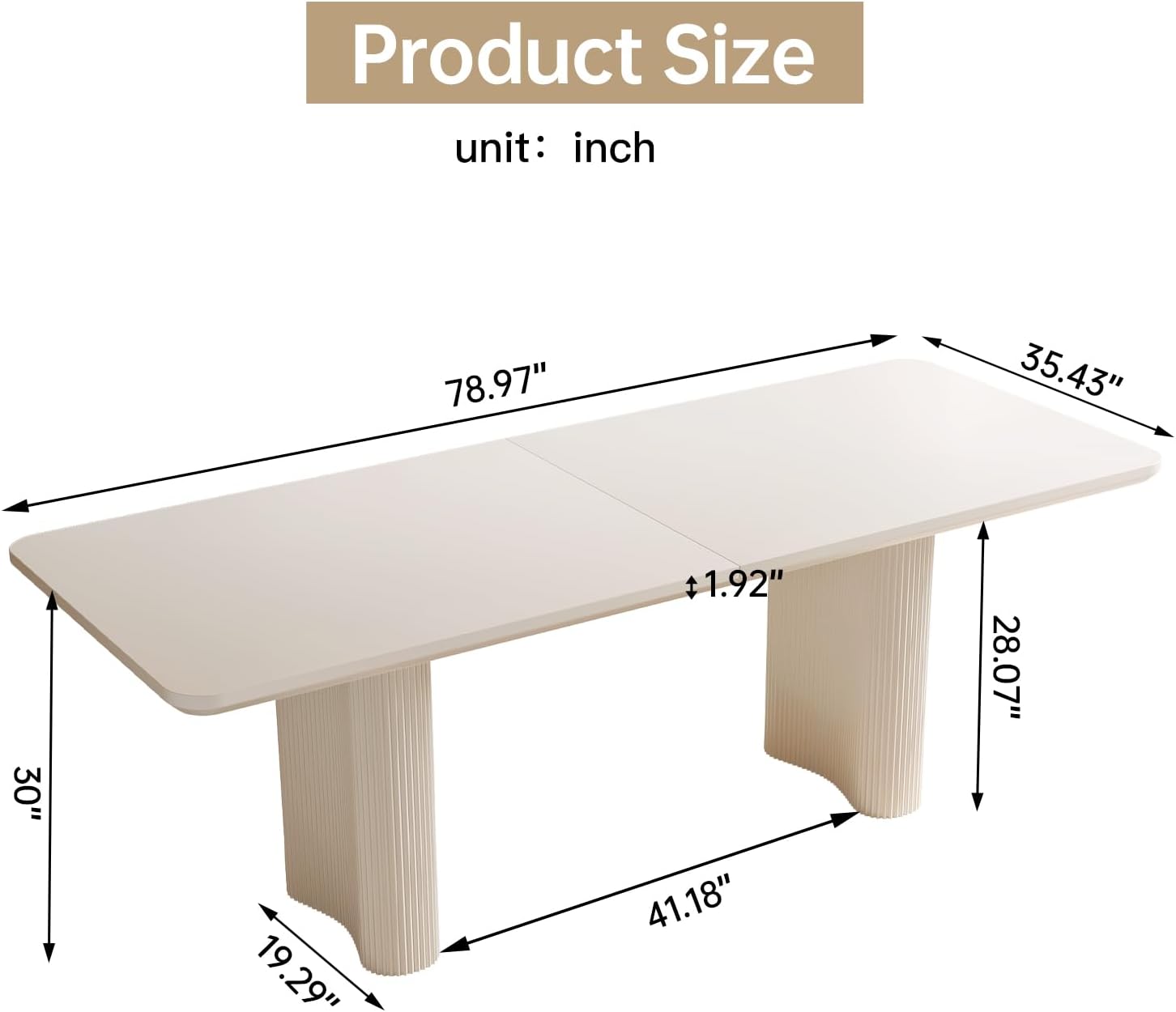 79" Rectangular Dining Table for 2-8, Large White Kitchen Table with 1.92" Dining Top and Sturdy Sleek Wave Pedestal