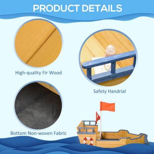Wooden Kids Pirate Sandbox, Outdoor Sandboat with Bench Seats, Storage, Non-Woven Fabric Cloth for Backyard